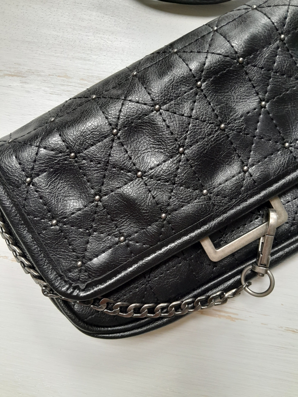 Zara Black Quilted Studded FauxLeather Crossbody with Chain Strap
